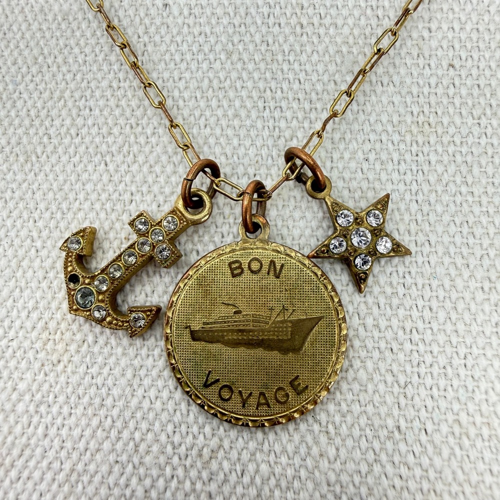 Catherine Popesco Bon Voyage‎ Charm Necklace Cruise Ship Anchor Star Gold Tone